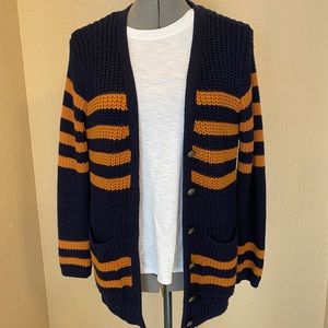 Cable Knit Cardigan Navy with Mustard stripes.
